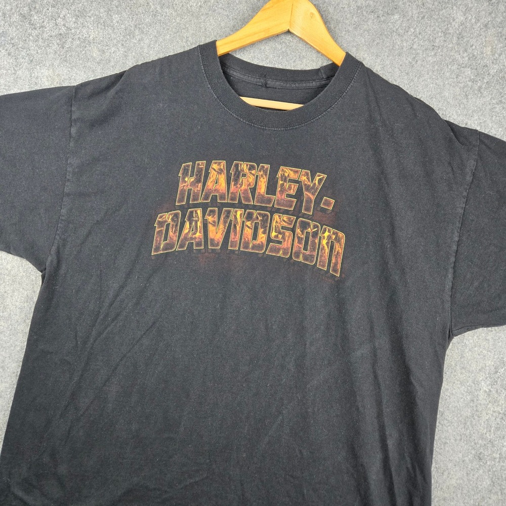 Harley-Davidson T-Shirt Mens XL Black Flames Kansas City Skulls Wings Biker Moto